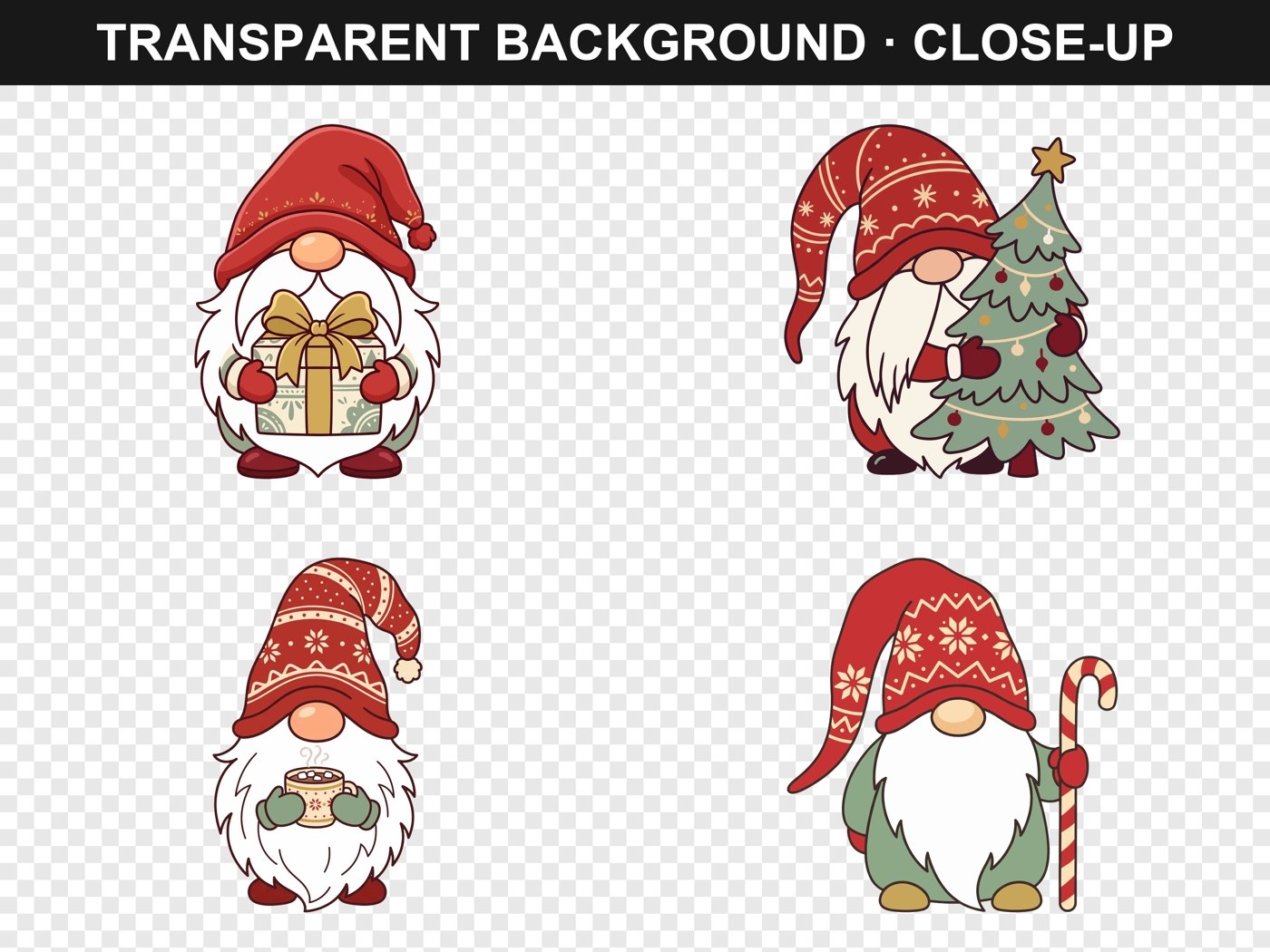 Close-up of four Christmas gnomes