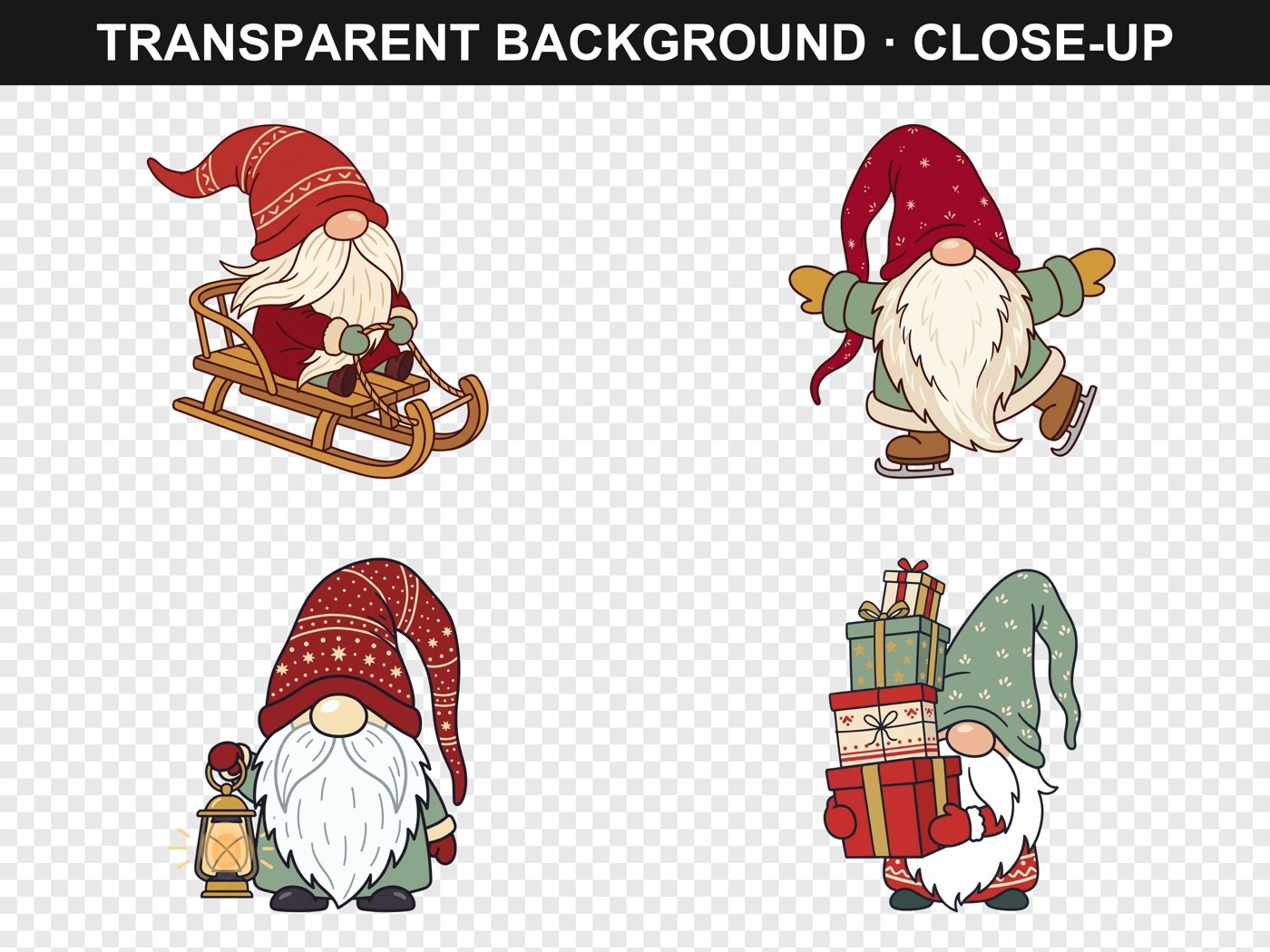 Close-up of four more Christmas gnomes