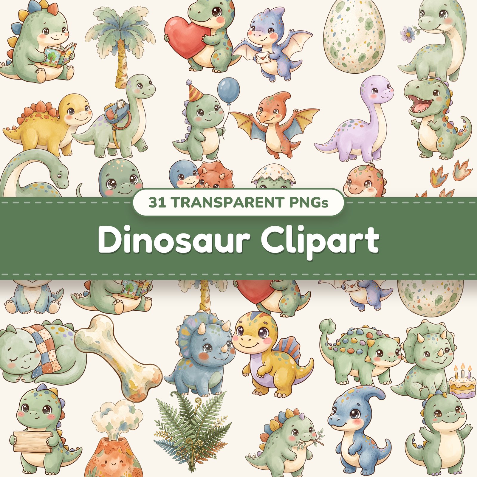 Cute Dinosaur clipart bundle of 31 PNG designs shown together in a collage